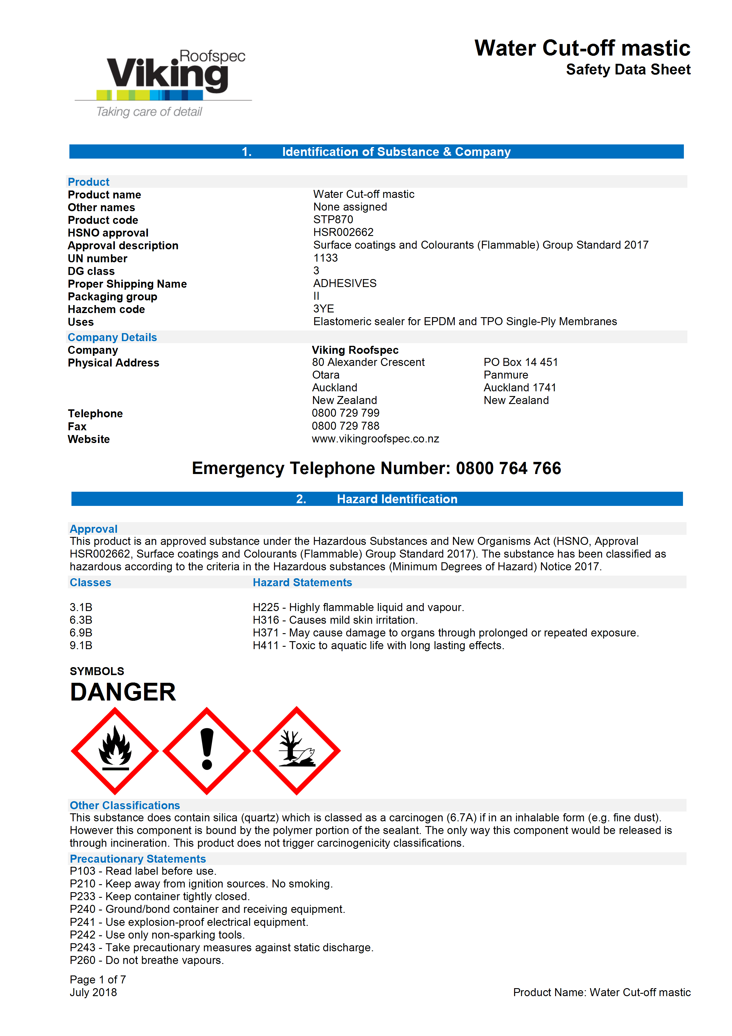 Water Cut-Off Mastic MSDS