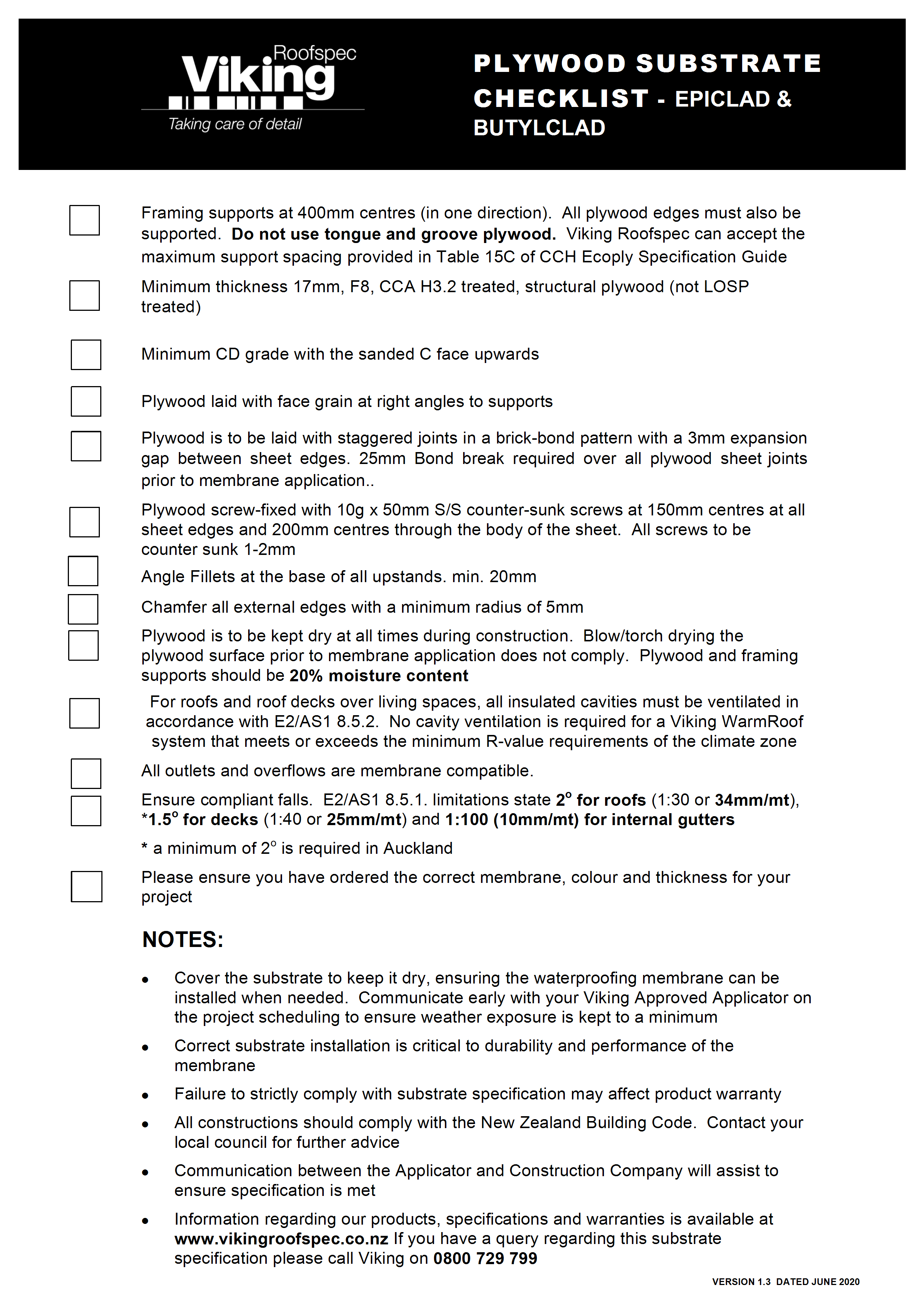 Rubber Membrane Substrate Checklist - Plywood