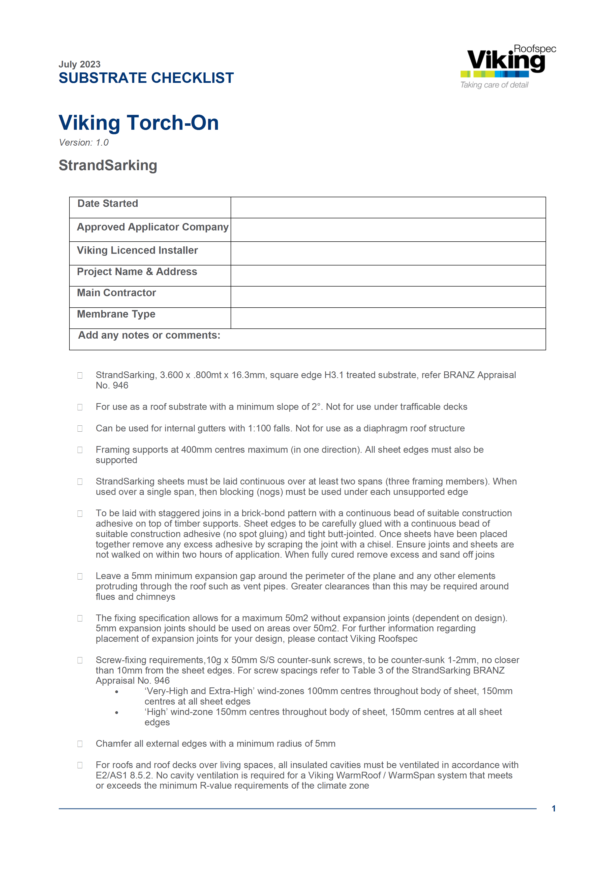 Torch-On Substrate Checklist - StrandSarking