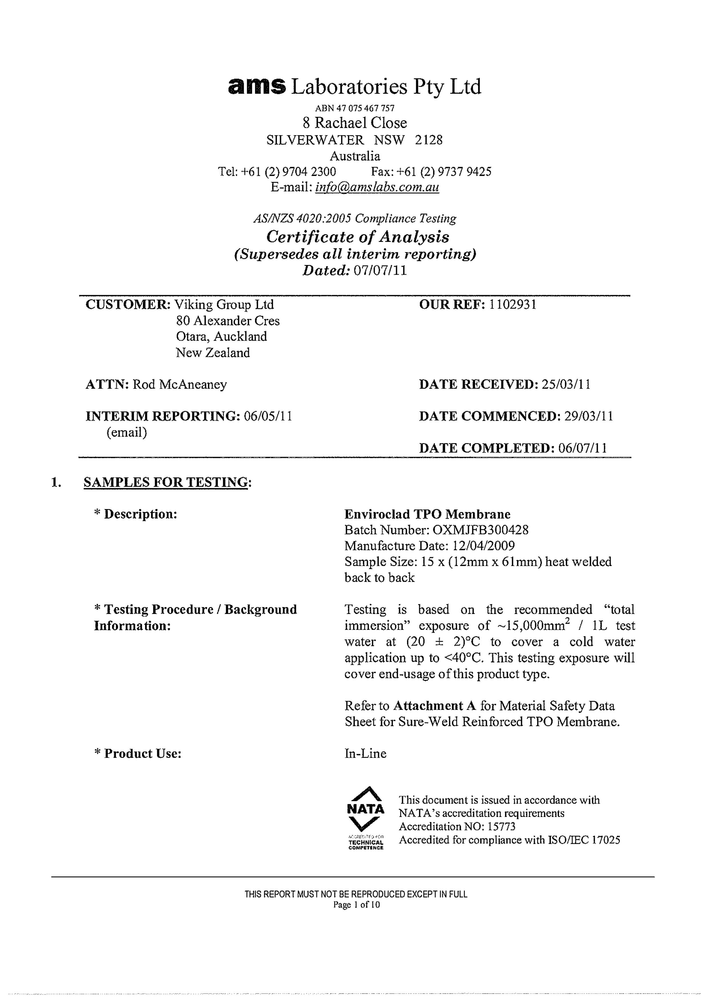 Enviroclad Potable Water Certificate