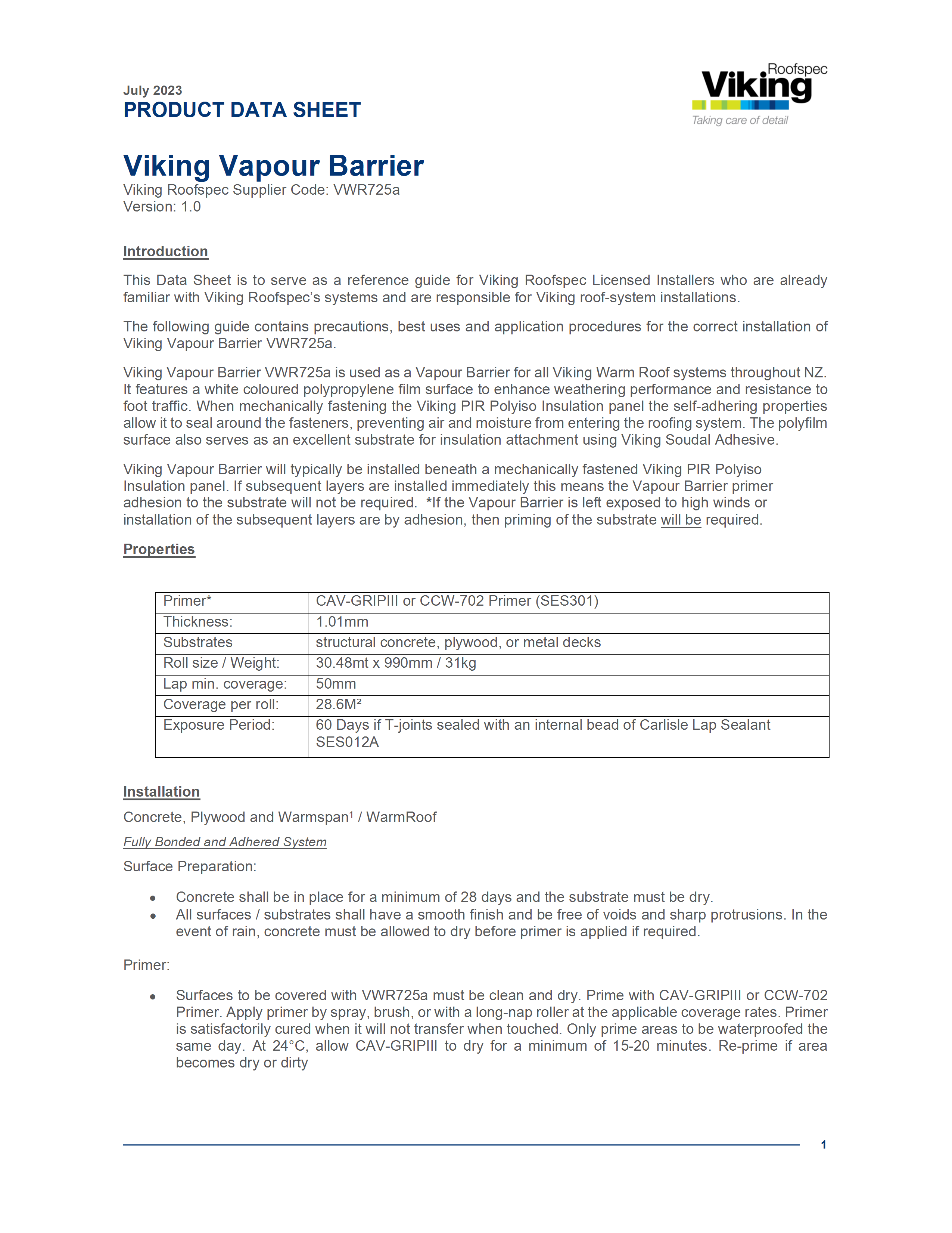  Vapour Barrier Product Data Sheet