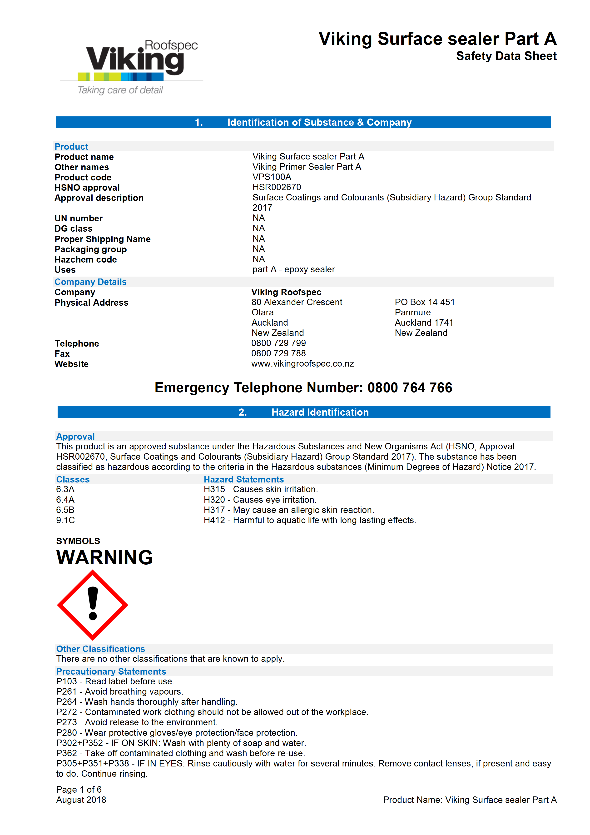 Surface Sealer Part A MSDS