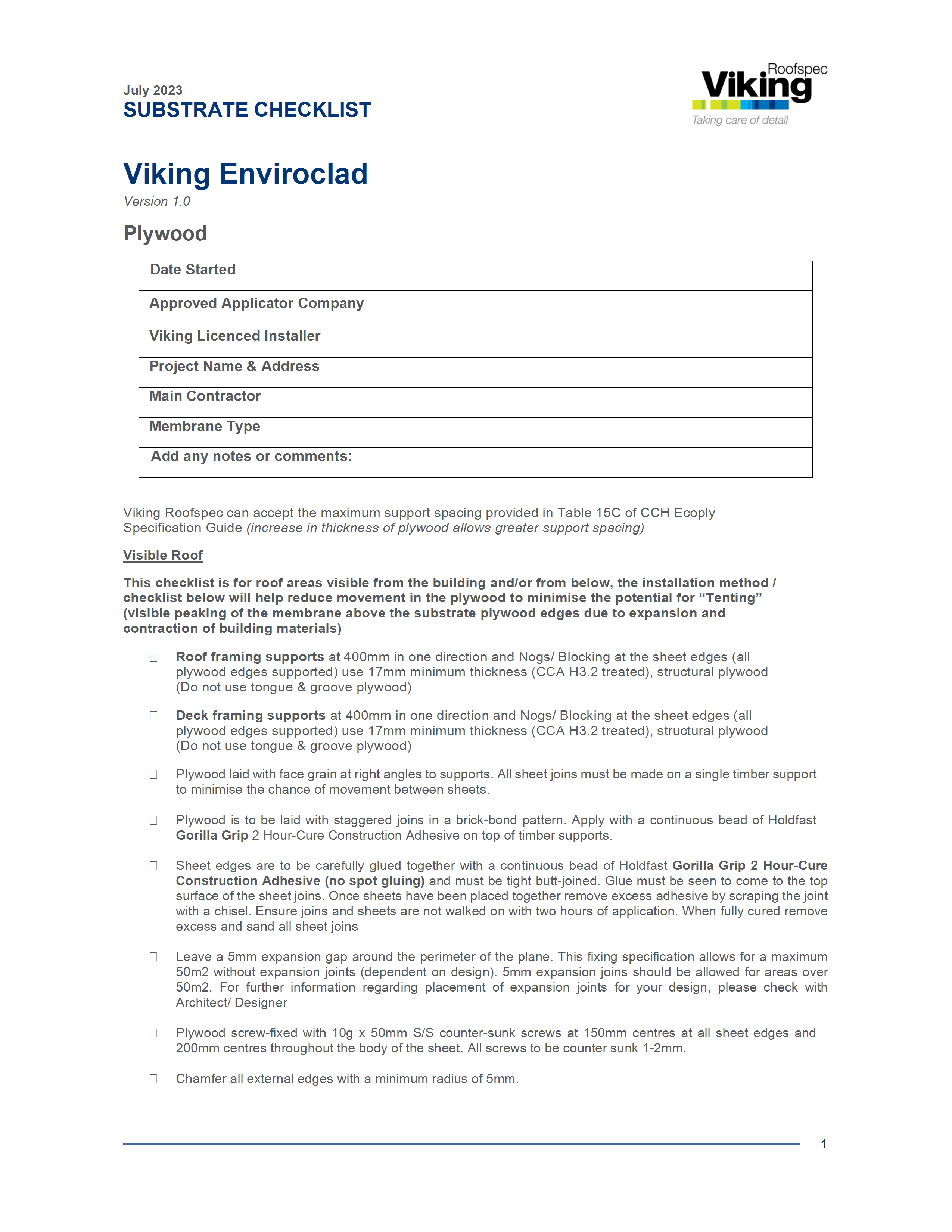 Enviroclad Substrate Checklist - Plywood
