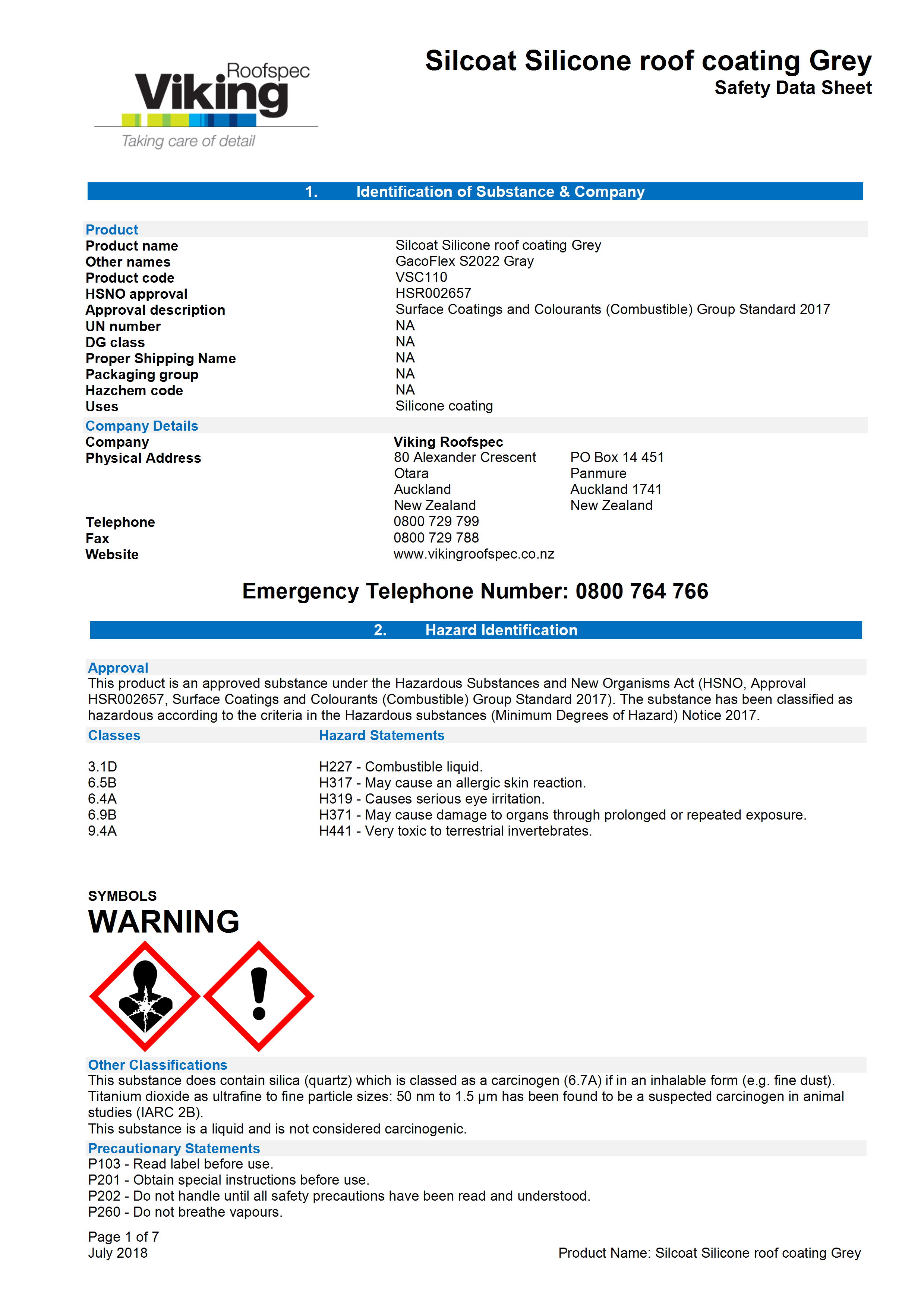 Silcoat Roof Coating Grey MSDS