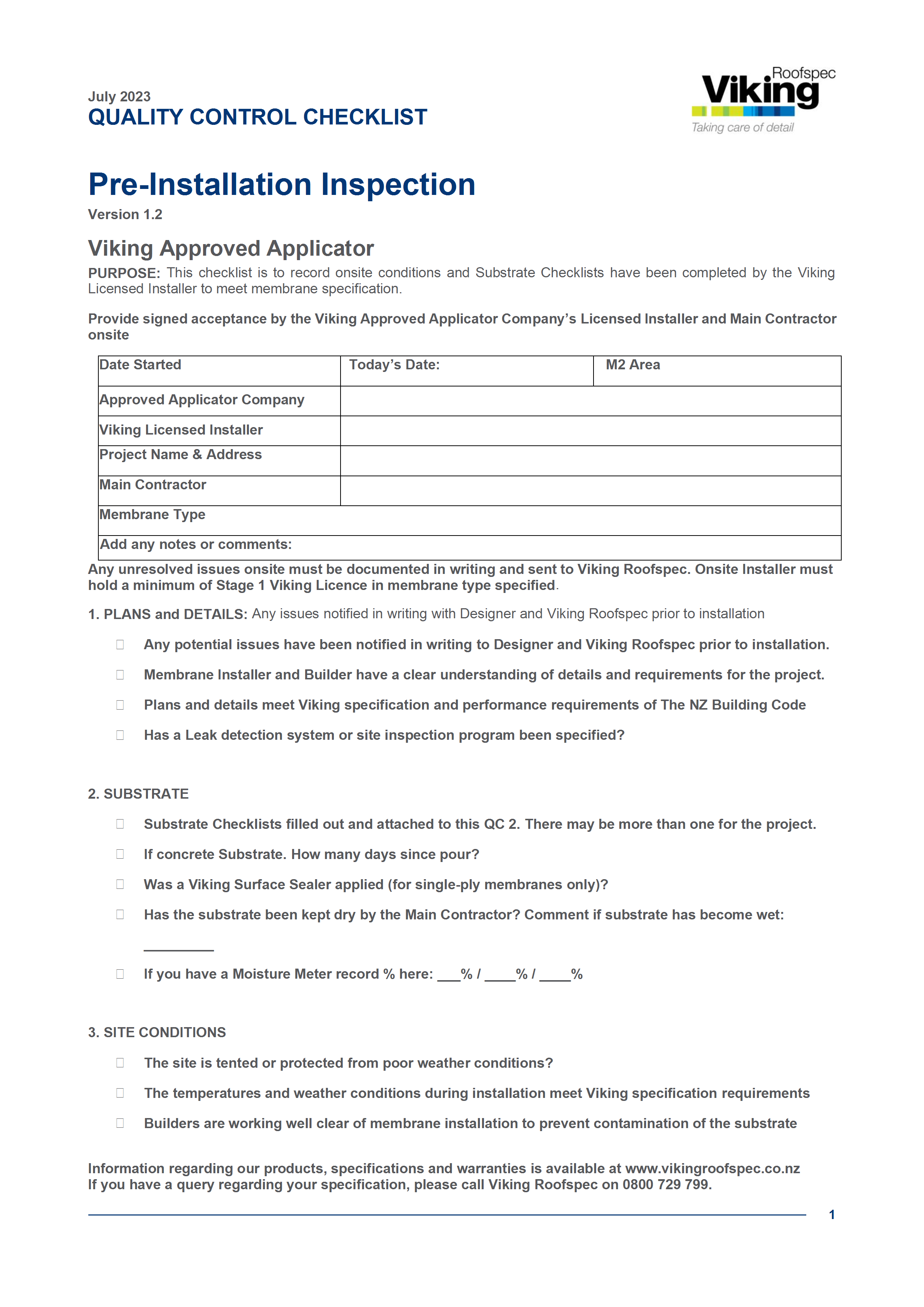 Quality Control Checklist - Pre-Installation Checklist