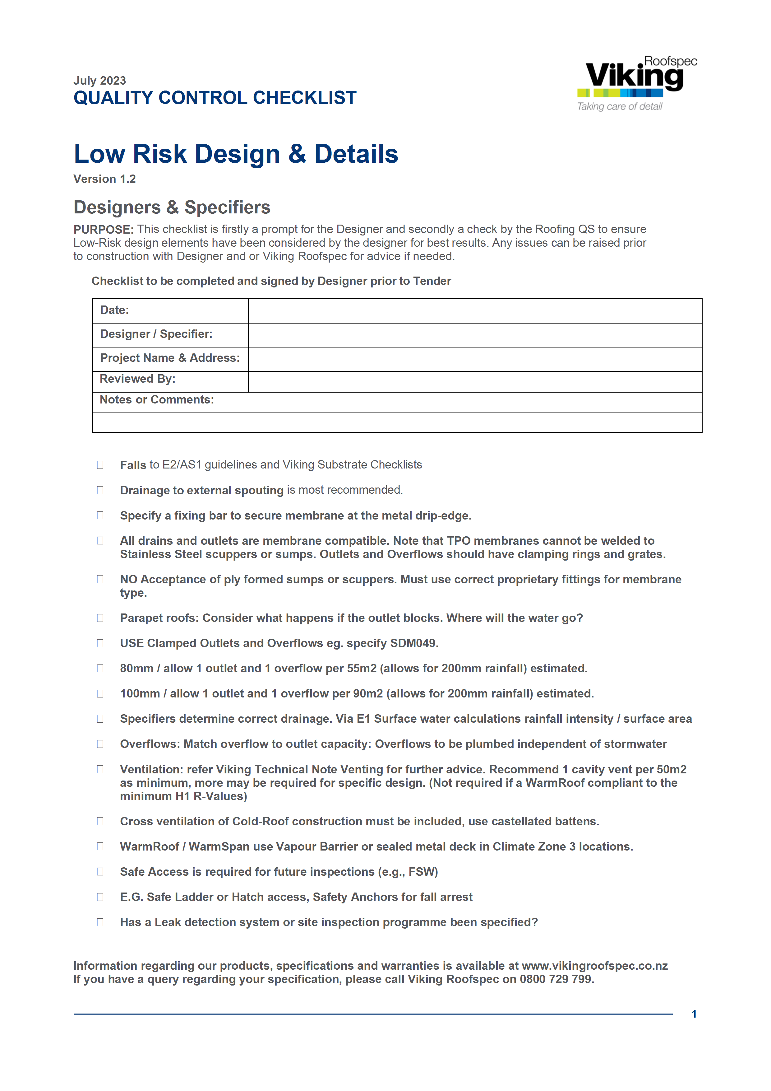 Low Risk Design Checklist.