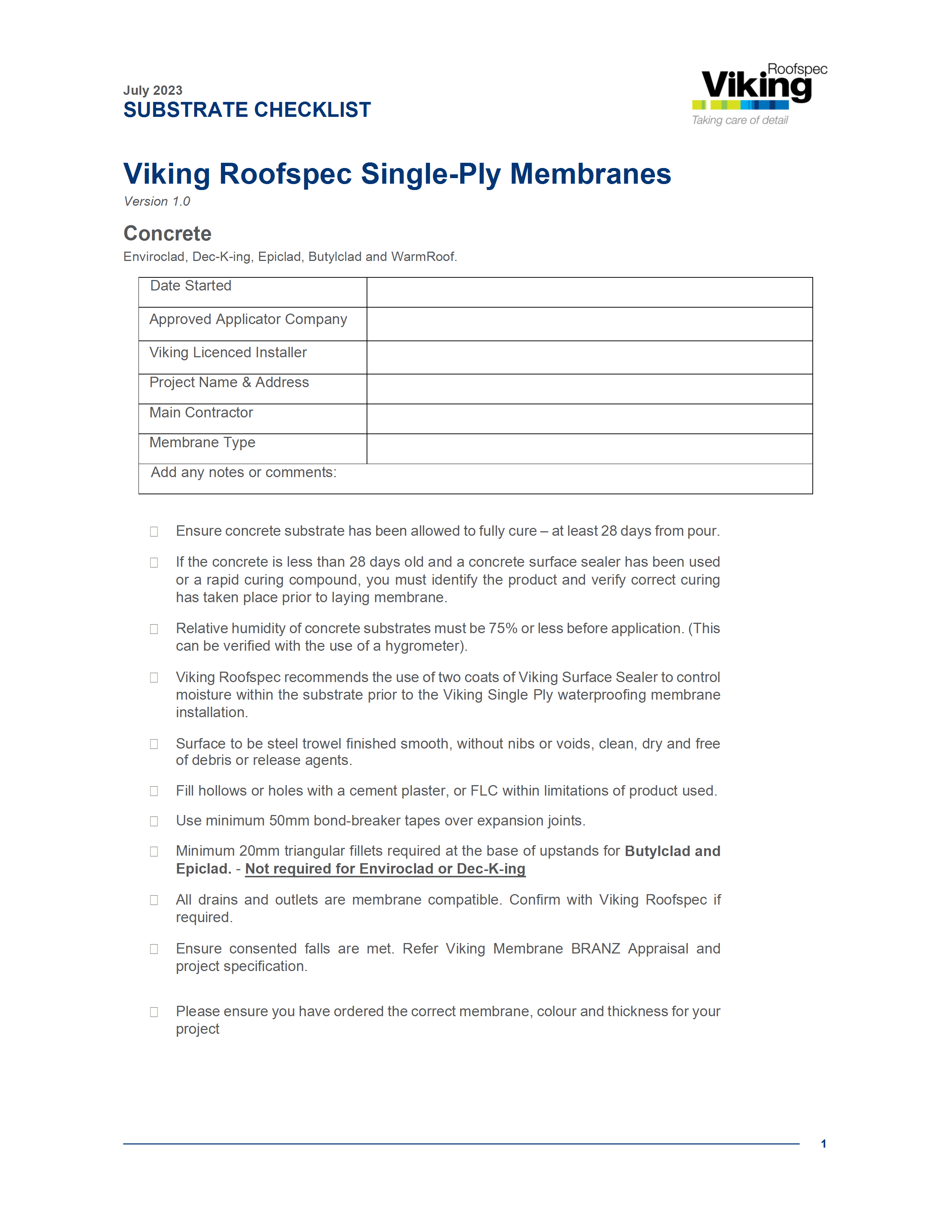 Substrate Checklist - Concrete