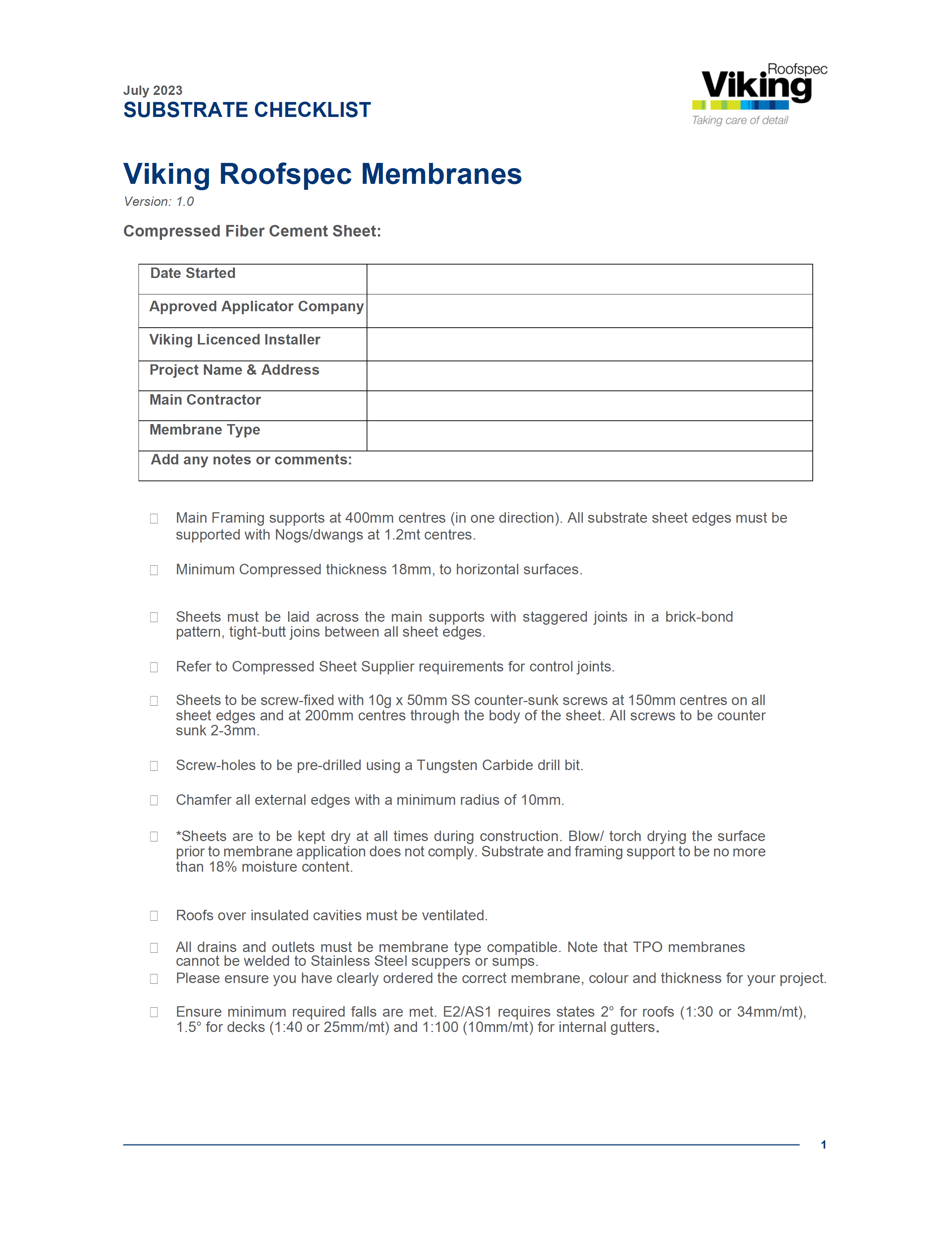 Membrane Substrate Checklist - Compressed Fibre Cement Sheet 